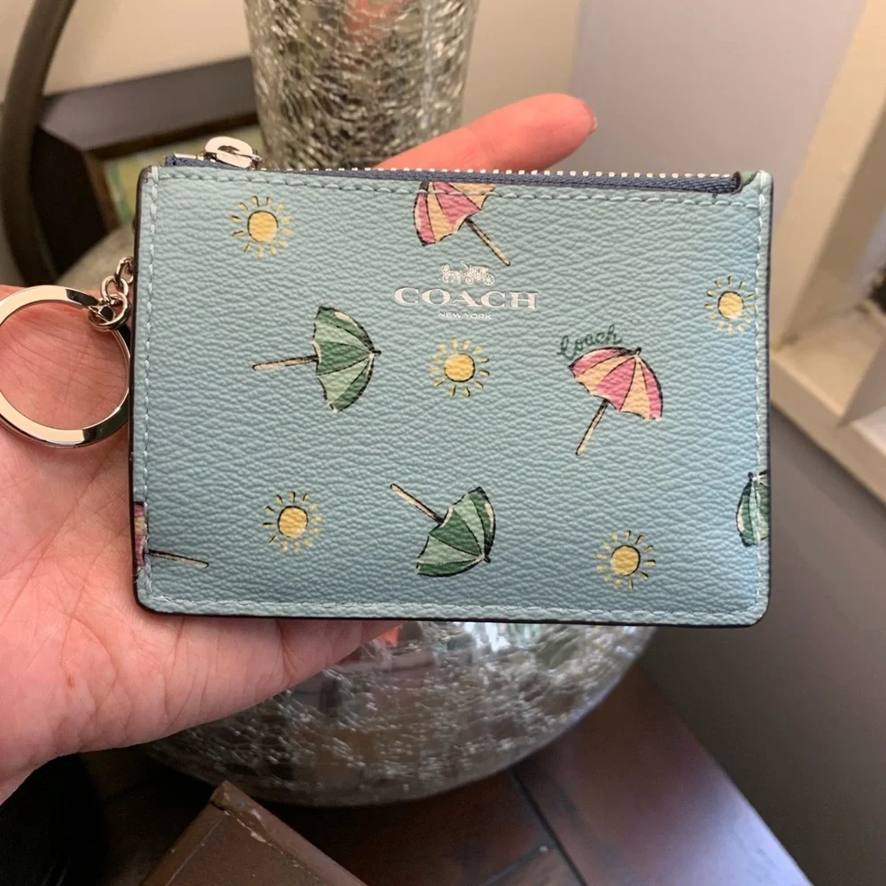 Coach Mint Green Umbrella Print Zip Card Case